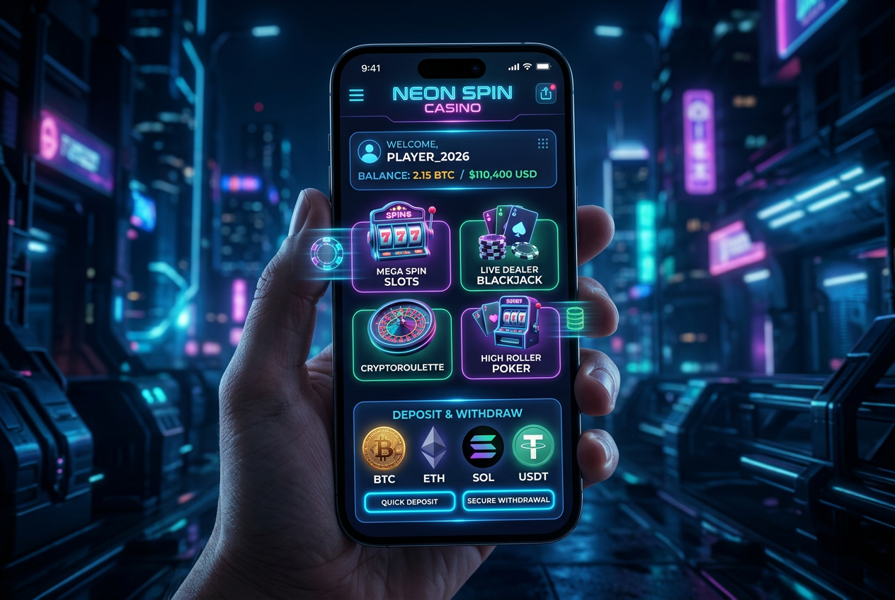Nowoczesny interfejs kasyna online w standardzie 4k z elementami neonowymi i dashboardem krypto
